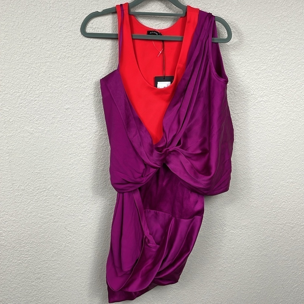 Nwt Atlein Hybrid Satin Draped Mini Dress Runway Color Block Fuchsia Sz 2 — image 5 of 8